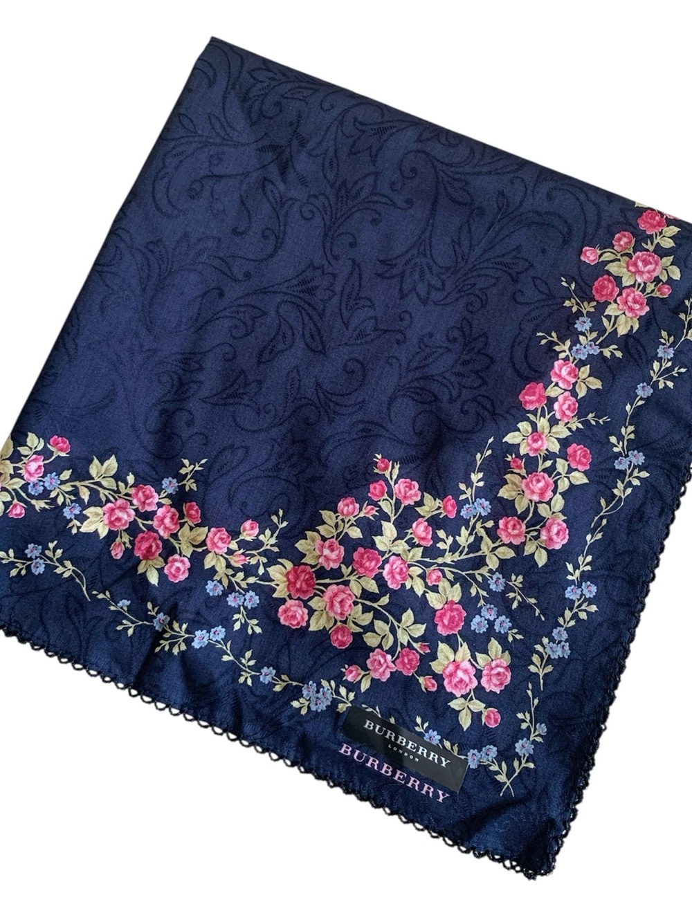 NWT Burberry London Navy Rose Floral Cotton Handkerchief 19.5” Japan Rare